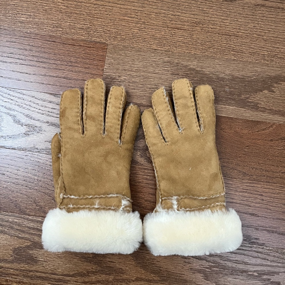 UGG Chestnut Suede Shearling Gloves Ivory Fur Cuff Size S - Picture 5 of 8